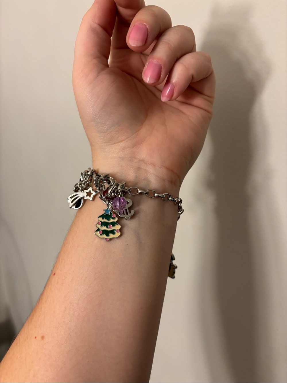 Silver tone size 8 Christmas charm bracelet with Christmas themed charms